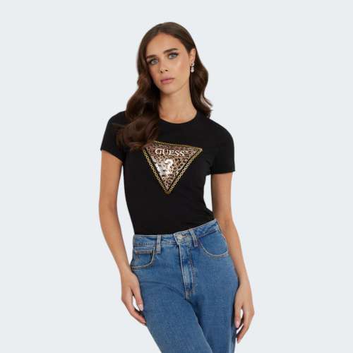 TSHIRT GUESS TRIANGLE FLOWER JBLK